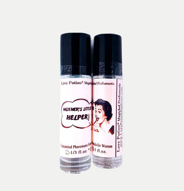 Photo of labelled Mother's Little Helper pheromone bottles.