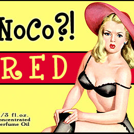 Love Potion: NoCo perfume label, featuring a cute pinup girl looking distressed that she ripped her stockings.