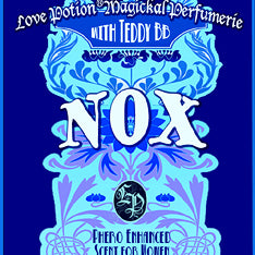 Love Potion Nox label featuring fancy text on deep blue background.
