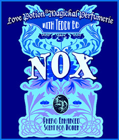 Love Potion Nox label featuring fancy text on deep blue background.
