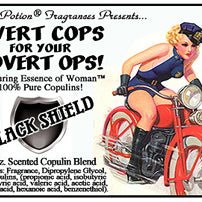 Image of product label featuring pinup of attractive woman in a sexy police outfit riding a red motorcycle.