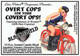 Image of product label featuring pinup of attractive woman in a sexy police outfit riding a red motorcycle.
