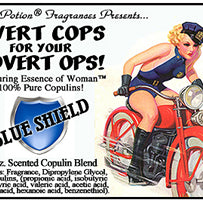 Image of product label featuring pinup of attractive woman in a sexy police outfit riding a red motorcycle.