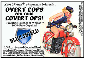 Image of product label featuring pinup of attractive woman in a sexy police outfit riding a red motorcycle.