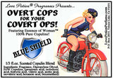 Image of product label featuring pinup of attractive woman in a sexy police outfit riding a red motorcycle.