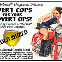 Image of product label featuring pinup of attractive woman in a sexy police outfit riding a red motorcycle.
