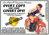 Image of product label featuring pinup of attractive woman in a sexy police outfit riding a red motorcycle.