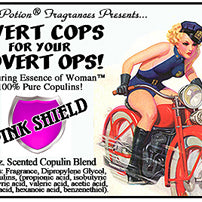 Image of product label featuring pinup of attractive woman in a sexy police outfit riding a red motorcycle.