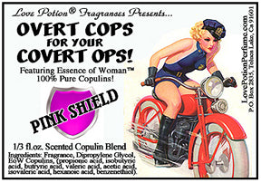 Image of product label featuring pinup of attractive woman in a sexy police outfit riding a red motorcycle.