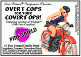 Image of product label featuring pinup of attractive woman in a sexy police outfit riding a red motorcycle.
