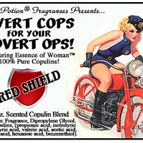 Image of product label featuring pinup of attractive woman in a sexy police outfit riding a red motorcycle.