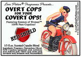 Image of product label featuring pinup of attractive woman in a sexy police outfit riding a red motorcycle.