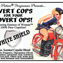 Image of product label featuring pinup of attractive woman in a sexy police outfit riding a red motorcycle.