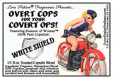 Image of product label featuring pinup of attractive woman in a sexy police outfit riding a red motorcycle.