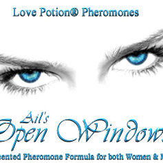 Love Potion Pheromone label for Open Windows, featuring closeup of beautiful eyes.