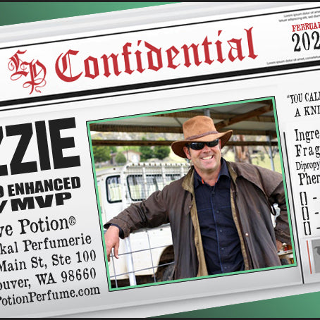 Image of Perfume Label featuring stylized newspaper headline with picture of a man. Feb 2021 Collection.