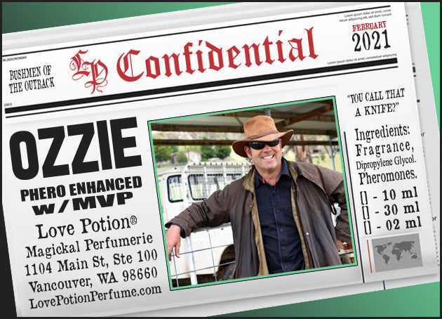 Image of Perfume Label featuring stylized newspaper headline with picture of a man. Feb 2021 Collection.