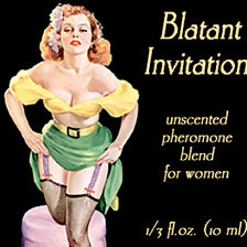 Love Potion: Blatant Invitation pheromone label featuring sexy pinup flirtaciously lifting her skirt.