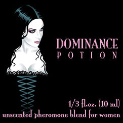 Love Potion Pheromone label featuring sexy woman in a black corset illustration.
