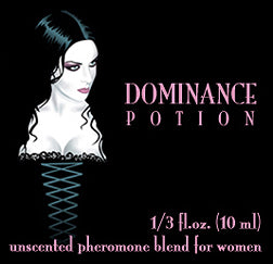 Love Potion Pheromone label featuring sexy woman in a black corset illustration.