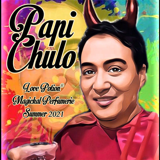 Image of perfume label featuring stylized photo of a man on a multicolored splash painted background.