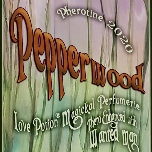 Image of perfume label featuring abstract finger painting by Barbara McVey in plant-like greens and browns.