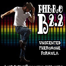 Love Potion Pheromone label for Phero B2.2 featuring male dancer on a rainbow background.