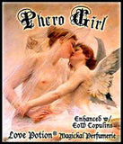Love Potion Phero Girl label featuring classical painting of two young lovers kissing.