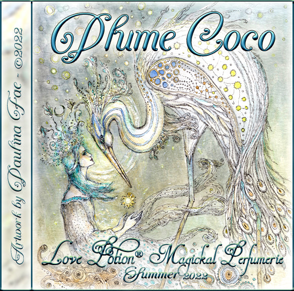 Image of perfume label featuring illustration by artist Paulina Fae of a woman who seems to be conversing with a large bird with colorful plumage.