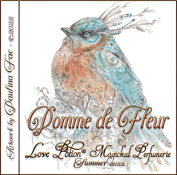 Image of perfume label featuring illustration by artist Paulina Fae of a colorful bird.