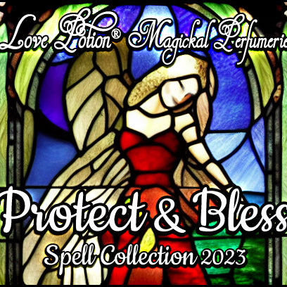 Protect and Bless spell perfume combines ancient protective incense and herbs. Label features a stained glass angel.