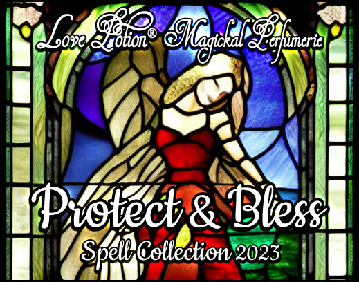 Protect and Bless spell perfume combines ancient protective incense and herbs. Label features a stained glass angel.