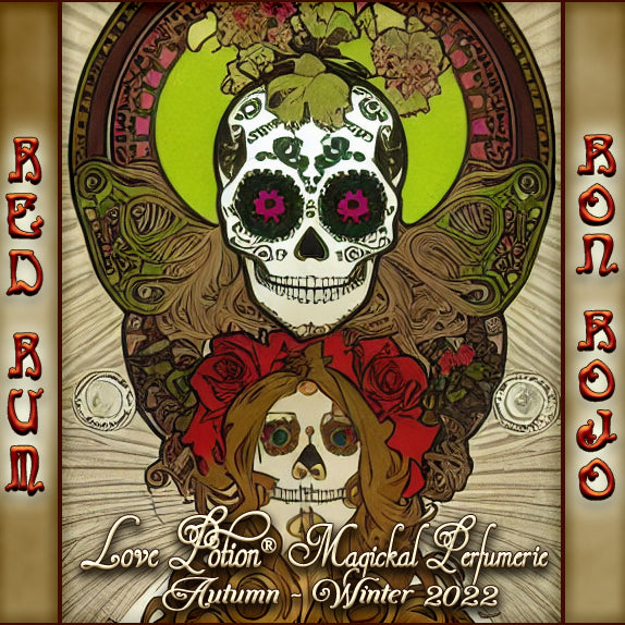 Red Rum Dia de los Muertos fragrance with sweet booze and sacred wood scents. Label features skull artwork and flowers.