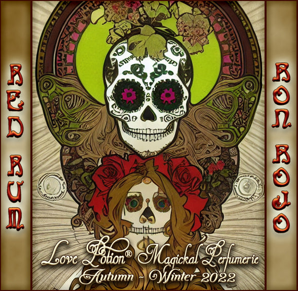 Red Rum Dia de los Muertos fragrance with sweet booze and sacred wood scents. Label features skull artwork and flowers.