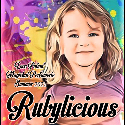 Image of perfume label featuring stylized photo of a girl on a multicolored splash painted background.