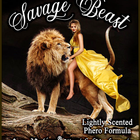 Image of perfume label featuring woman in yellow dress riding a roaring lion.