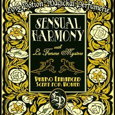 Sensual Harmony perfume label, featuring fancy text over engraved floral design in old fashioned cream and black shades.