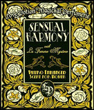 Sensual Harmony perfume label, featuring fancy text over engraved floral design in old fashioned cream and black shades.