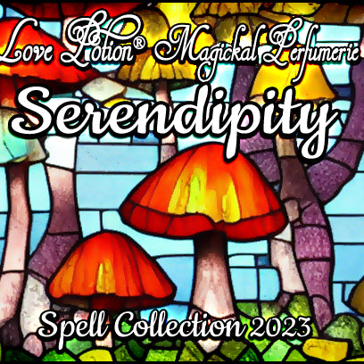 Serendipity spell perfume combines cocoa, vanilla, and peppermint for good fortune. Label has stained glass mushrooms.