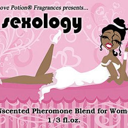 Love Potion: Sexology pheromone label, featuring illustration of sexy female smiling on a bed with a potion bottle in hand - on a pink background.