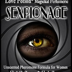 Love Potion: Sexpionage pheromone label, featuring an eye in the center of a spiral, reminiscent of a James Bond movie poster.