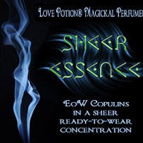 Love Potion:Sheer Essence pheromone label, featuring the figure of a woman, made out of smoke.