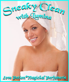Love Potion: Sneaky Clean label featuring lovely young smiling woman wearing nothing but a towel.