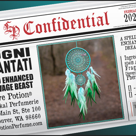 Image of Perfume Label featuring stylized newspaper headline with picture of a dreamcatcher. Feb 2021 Collection.