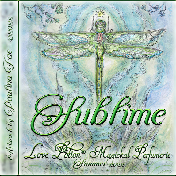 Image of perfume label featuring illustration by artist Paulina Fae of a dragonfly.