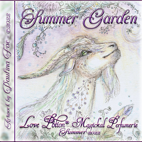 Image of perfume label featuring illustration by artist Paulina Fae of a happy goat in a garden.