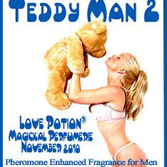 Love Potion: Teddy Man fragrance label, featuring hot chick in her underwear, kissing a teddy bear.