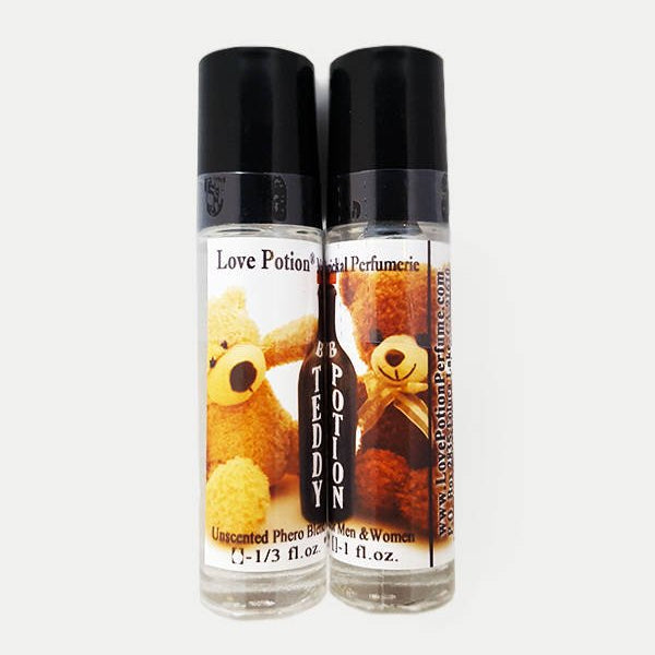Photo of labelled Teddy Potion pheromone bottles.