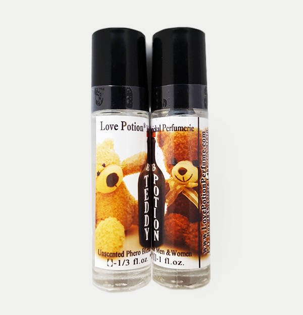 Photo of labelled Teddy Potion pheromone bottles.