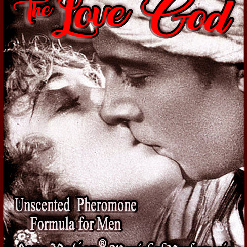 Love Potion pheromone label for Love God, featuring antique photo of silent film actor Valentino kissing a lover.